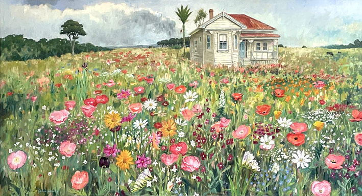 Graham Downs nz landscape art, flower meadow, oil on canvas